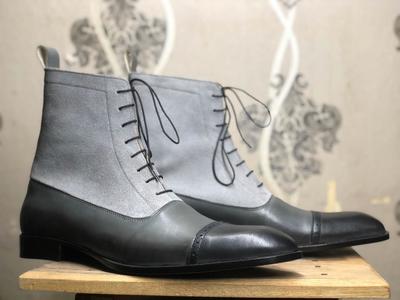 Men's Handmade Ankle High Gray Cap Toe Leather Suede Boot