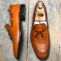 Men's Handmade Ostrich Tan Leather Tussles Loafers Shoes  - Thumbnail 2