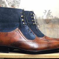 Men's Handmade Ankle High Brown Blue Wing Tip Leather Suede Lace Up Boot - Thumbnail 3