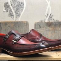 Men's Handmade Burgundy Leather Double Monk Shoes - Thumbnail 2