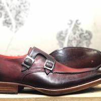 Men's Handmade Burgundy Leather Double Monk Shoes - Thumbnail 3
