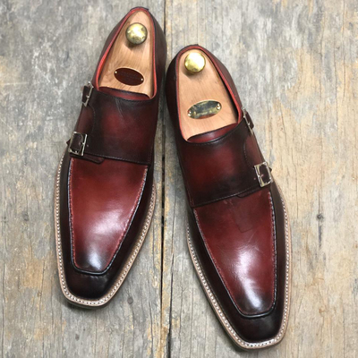 Men's handmade burgundy leather double monk shoes - Thumbnail 4