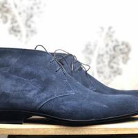 Men's Handmade Half Ankle Navy Blue Suede Lace Up Boot - Thumbnail 1