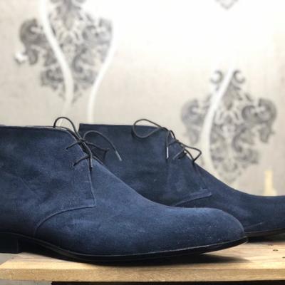 Men's handmade half ankle navy blue suede lace up boot - Thumbnail 3