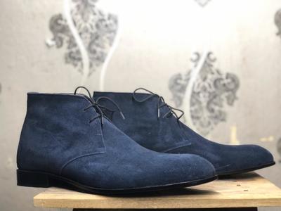 Men's Handmade Half Ankle Navy Blue Suede Lace Up Boot