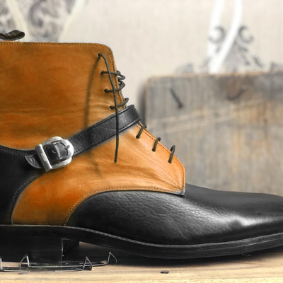 Men's ankle high black tan leather lace up with monk straps style boot - Thumbnail 5