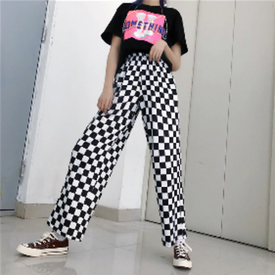 Elastic waist plaid checker board causal loose trousers - Thumbnail 3