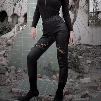 High waist pu leather gothic black pants - Thumbnail 1