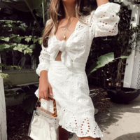 White V Neck Boho Long Sleeve Dress - Thumbnail 1