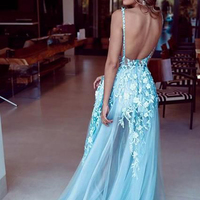 Glamorous A-Line V Neck Backless Blue Lace Appliques Long Prom Dresses,2020 Formal Evening Party Dresses - Thumbnail 1
