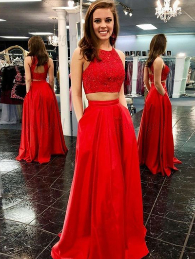 Unique A-Line Two Piece Round Neck Open Back Red Satin Long Prom Dresses with Beading Pockets,Formal Party Dresses