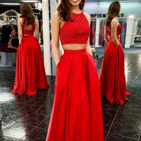Unique A-Line Two Piece Round Neck Open Back Red Satin Long Prom Dresses with Beading Pockets,Formal Party Dresses - Thumbnail 1