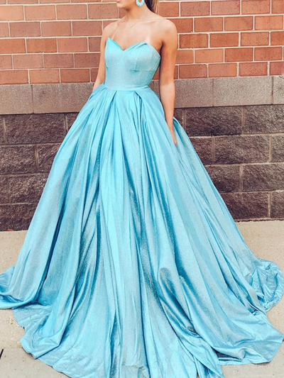Ball Gown Sweetheart Open Back Lake Blue Sequins Long Prom Dresses with Pockets,Girls Junior Graduation Gown,Sparkly Quinceanera Dresses