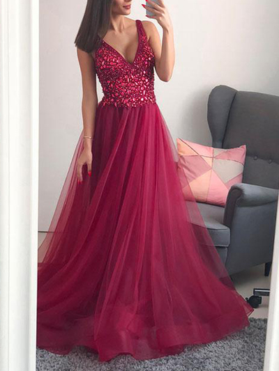 Luxurious A-Line V Neck Open Back Rose Red Tulle Long Prom Dresses with Beading,Evening Party Dresses