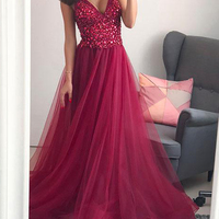 Luxurious A-Line V Neck Open Back Rose Red Tulle Long Prom Dresses with Beading,Evening Party Dresses - Thumbnail 1