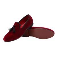 Men's Handmade Burgundy Velvet Tussles Loafers Shoes  - Thumbnail 1