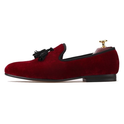 Men's handmade burgundy velvet tussles loafers shoes  - Thumbnail 3