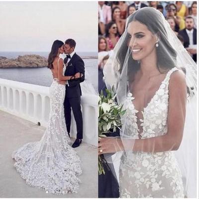 Wedding dresses v-neck 3d lace applique sweep trumpet 2020 sexy backless mermaid beachgarden bridal wedding dress
