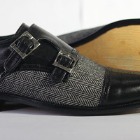 Men's Handmade Black Denim & Leather Double Monk Shoes - Thumbnail 1