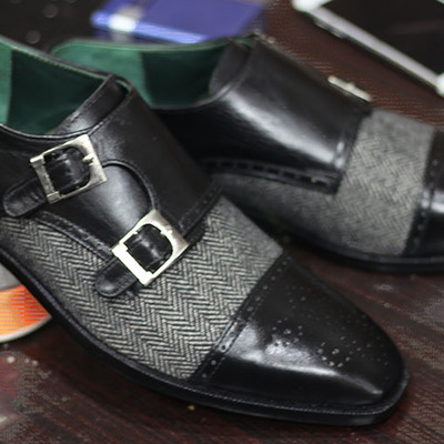 Men's handmade black denim & leather double monk shoes - Thumbnail 3