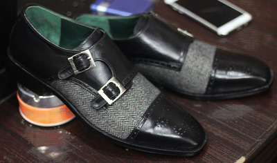 Men's Handmade Black Denim & Leather Double Monk Shoes