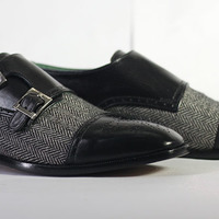 Men's Handmade Black Denim & Leather Double Monk Shoes - Thumbnail 3
