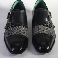 Men's Handmade Black Denim & Leather Double Monk Shoes - Thumbnail 2