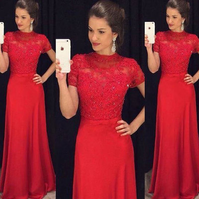 A line long red prom dresses with short sleeves - Thumbnail 5