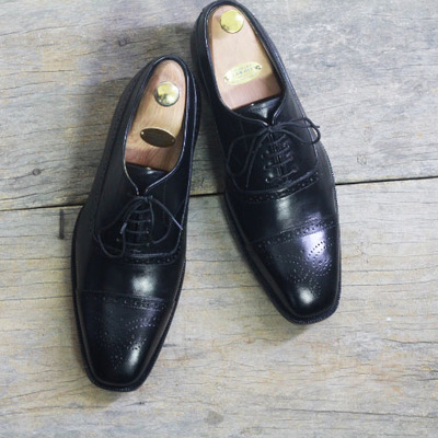 Handmade black cap toe brogue leather lace up shoes for men's - Thumbnail 3