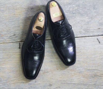 Handmade Black Cap Toe Brogue Leather Lace Up Shoes For Men's