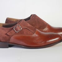Handmade Brown Double Monk Leather Suede Shoes For Men's - Thumbnail 2