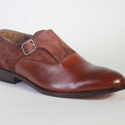 Handmade brown double monk leather suede shoes for men's - Thumbnail 3