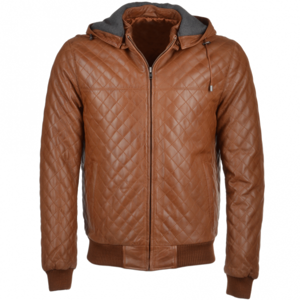 Handmade mens tan leather jacket brown quilted with hood