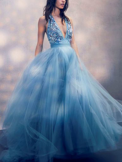 Glamorous A-Line Deep V Neck Halter Open Back Blue Tulle Long Prom Dresses with Beaded,Princess Evening Party Dresses
