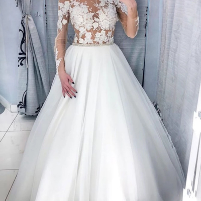 Stunning ball gown scoop neck long sleeve white tulle wedding dresses,lace bridal dresses
