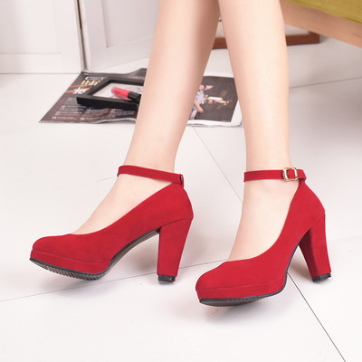 Pink Round Toe Chunky Buckle Fashion High-Heeled ShoesG-3030
