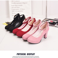 Pink Round Toe Chunky Buckle Fashion High-Heeled ShoesG-3030 - Thumbnail 3