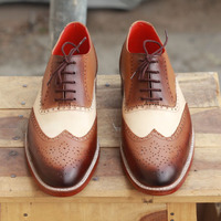 Handmade Brown & White Wing Tip Brogue Leather Lace Up Shoes For Men's - Thumbnail 2