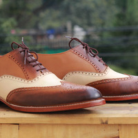 Handmade Brown & White Wing Tip Brogue Leather Lace Up Shoes For Men's - Thumbnail 3