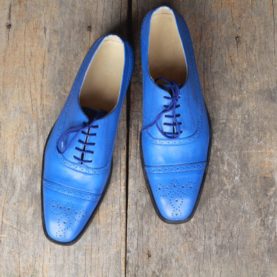 Handmade blue cap toe brogue leather lace up shoes for men's - Thumbnail 5