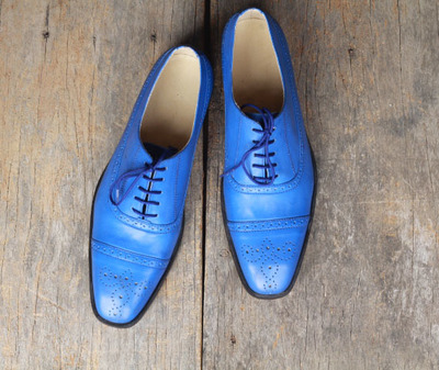 Handmade Blue Cap Toe Brogue Leather Lace Up Shoes For Men's