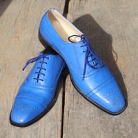 Handmade Blue Cap Toe Brogue Leather Lace Up Shoes For Men's - Thumbnail 1