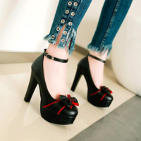 Pink Round Toe Chunky Bow Sweet High-Heeled Shoes G-3038 - Thumbnail 2