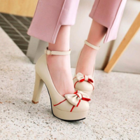 Pink Round Toe Chunky Bow Sweet High-Heeled Shoes G-3038 - Thumbnail 3