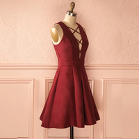 Burgundy satin short prom dress - Thumbnail 1