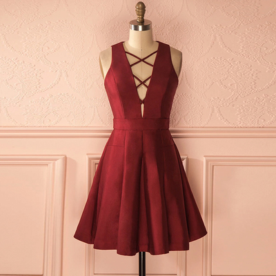 Burgundy satin short prom dress - Thumbnail 3
