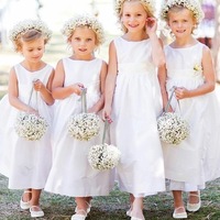 Simple Ankle Length Round Neckline White Flower Girl Dresses - Thumbnail 1