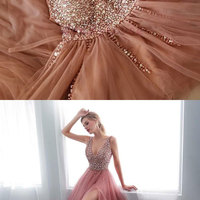 V Neck Tulle Long Prom Dresses with Split Side  - Thumbnail 1