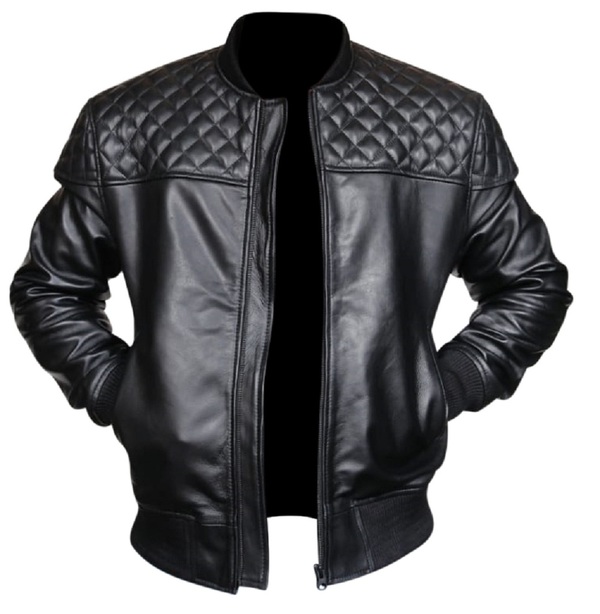 Handmade Men's Quilted Shoulder Rib Design Slim Leather Jacket