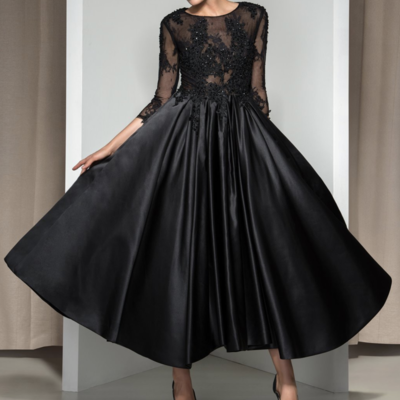 Vintage 3/4 sleeves applique a-line evening dress,315